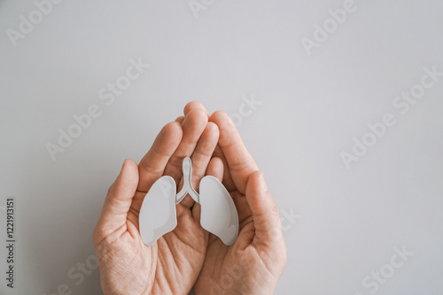 hands holding paper lung, world tuberculosis tb day, world no tobacco day, lung cancer,COPD, eco air pollution, organ donation concept
