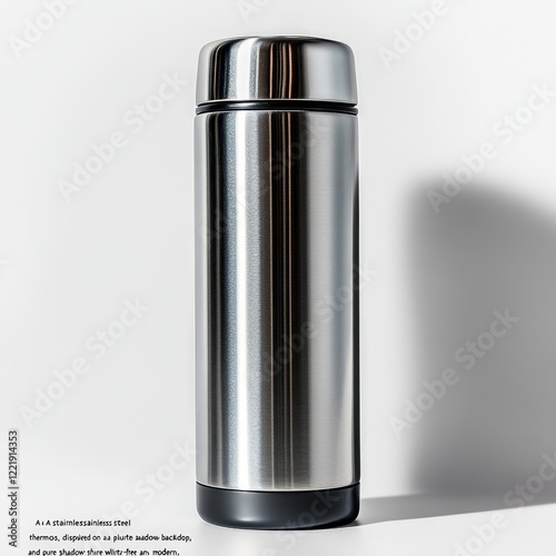 Sleek stainless steel thermos bottle isolated on white background. photo