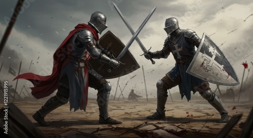 Two armored knights duel fiercely on a battlefield amidst chaos