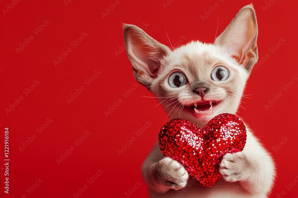 Obraz premium Ad idea. Cute devon rex baby feline with sparkling rhinestones red heart - sign of love, funny greeting card. Devon rex - my beloved cat. Fluffy kitten love. Romantic february pet. Cute pet.