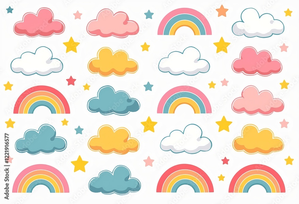 Obraz premium Playful Cartoon Clouds, Candy Colors, Symmetrical Layout, Rainbows, Stars, Fluffy Shapes, Light Pink, Baby Blue, Pale Yellow, Soft White, Clear Outlines, Soft Gradients.
