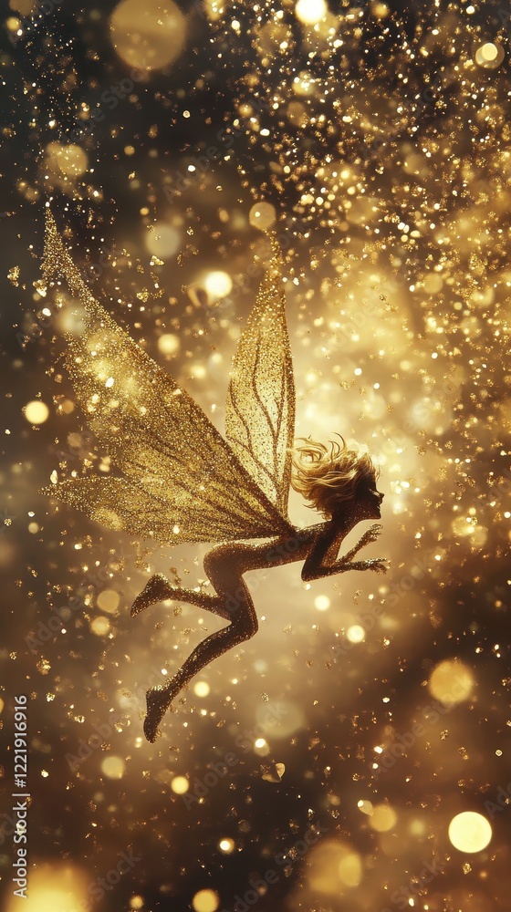 Naklejka premium Golden Fairy Soaring Through Sparkling Dust