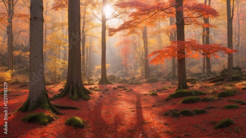 A maple forest ablaze with the fiery colors of autumn—red, yellow, and orange leaves shimmering as sunlight dapples the forest floor.