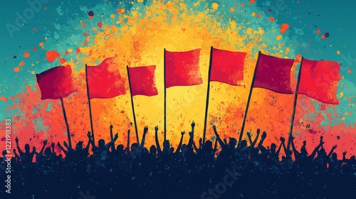 A stylized illustration of a group of people protesting with raised arms and red flags against a vibrant, splattered background