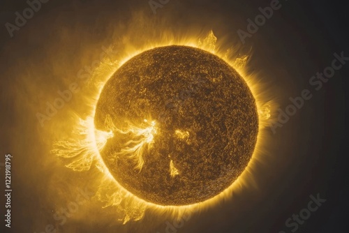 Close-up of the sun's surface showing solar flares and coronal mass ejections. photo