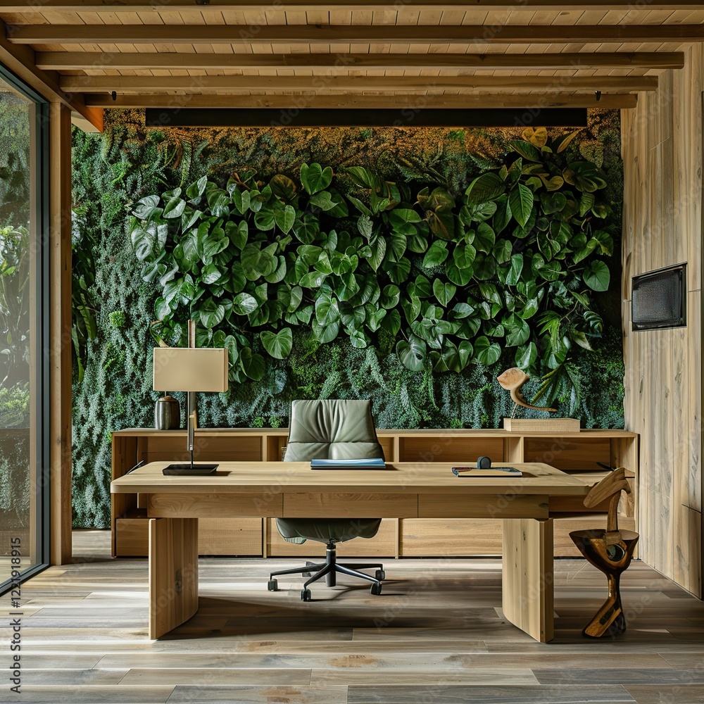 Modern wooden home office with green wall. Modern wooden home office with green wall.