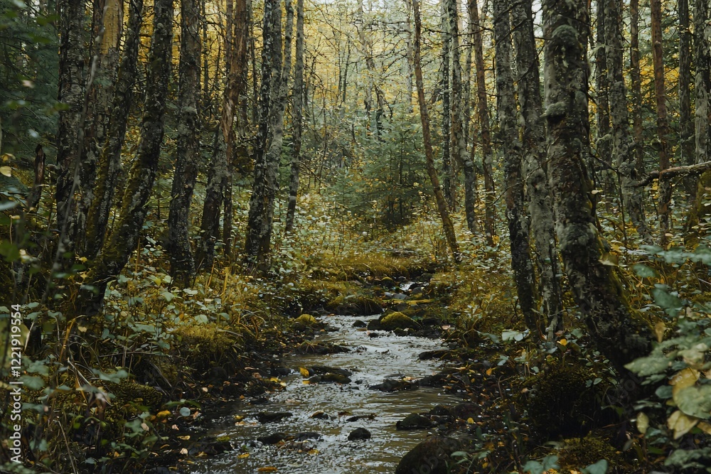 Obraz premium Serene forest landscape featuring a winding stream surrounded by vibrant autumn foliage