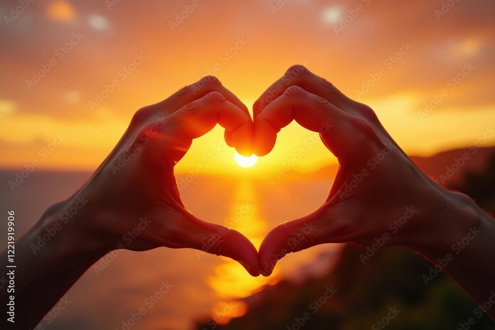 Two hands create a heart shape, bathed in the golden light of a stunning sunset , rays, image Two hands create a heart shape, bathed in the golden light of a stunning sunset , rays, image