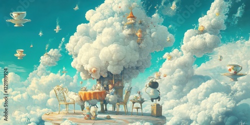 A whimsical tea party amidst floating clouds and teacups photo