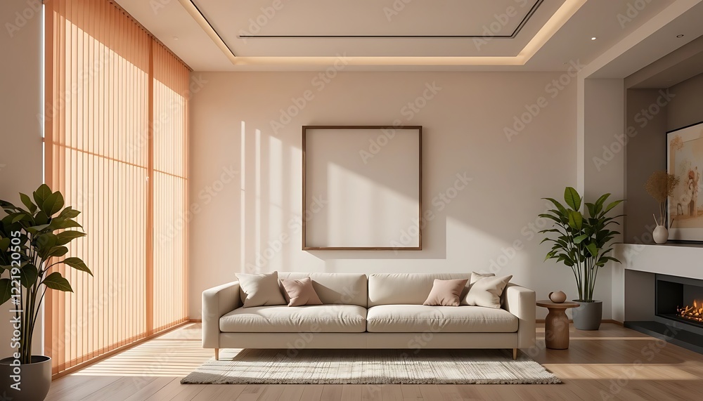 Fototapeta premium Modern minimalist living room interior design with beige sofa