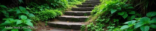 Overgrown vegetation covers the ancient stone stairs, worn, stairs, ancient