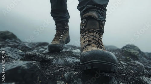 rugged hiking boots in motion on rocky mountain trail capturing movement and texture against misty alpine backdrop