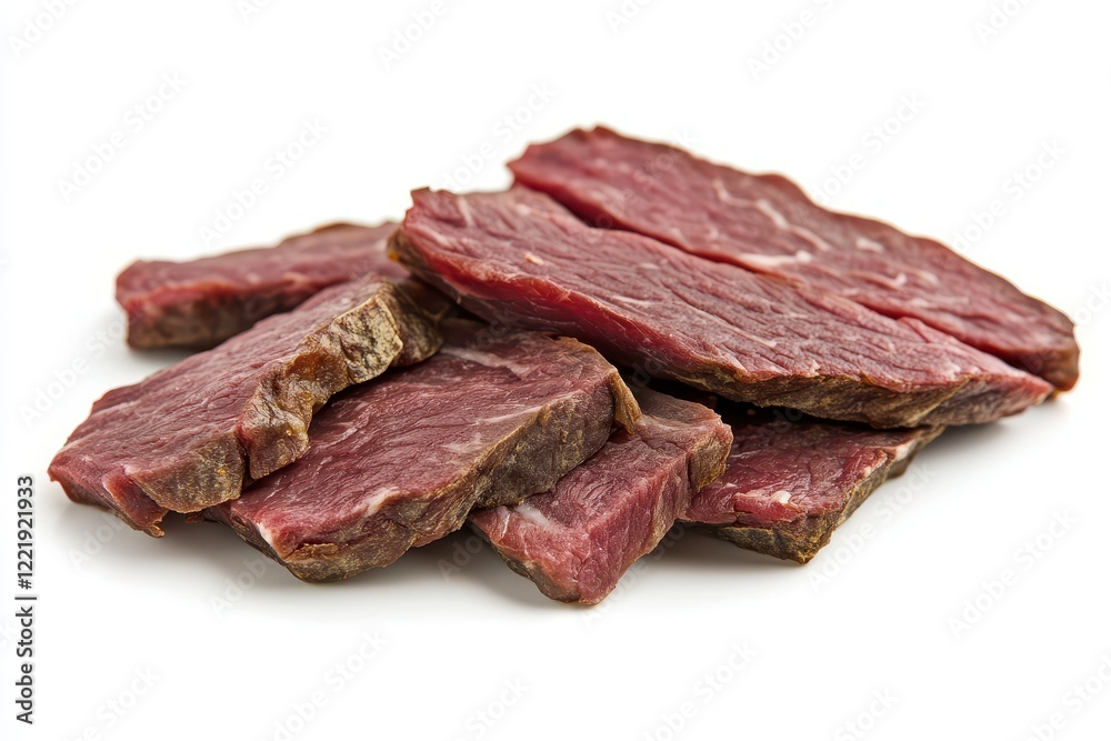 Sliced African Biltong Stacked on White Background Sliced African Biltong Stacked on White Background