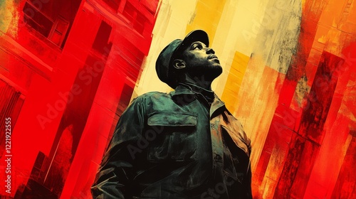 A Black man in uniform looks hopefully upwards with bright and bold graphic abstract backgrounds in red and yellow hues, a powerful artwork photo