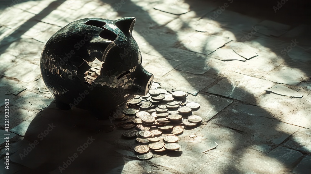 shattered ceramic piggy bank with scattered coins on cracked surface dramatic shadows suggesting financial distress shattered ceramic piggy bank with scattered coins on cracked surface dramatic shadows suggesting financial distress