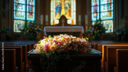 solemn church interior with floweradorned casket soft natural light through stained glass respectful mourning atmosphere photo