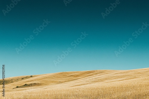 Serene landscape of golden fields under a clear blue sky, conveying tranquility and nature's beauty photo