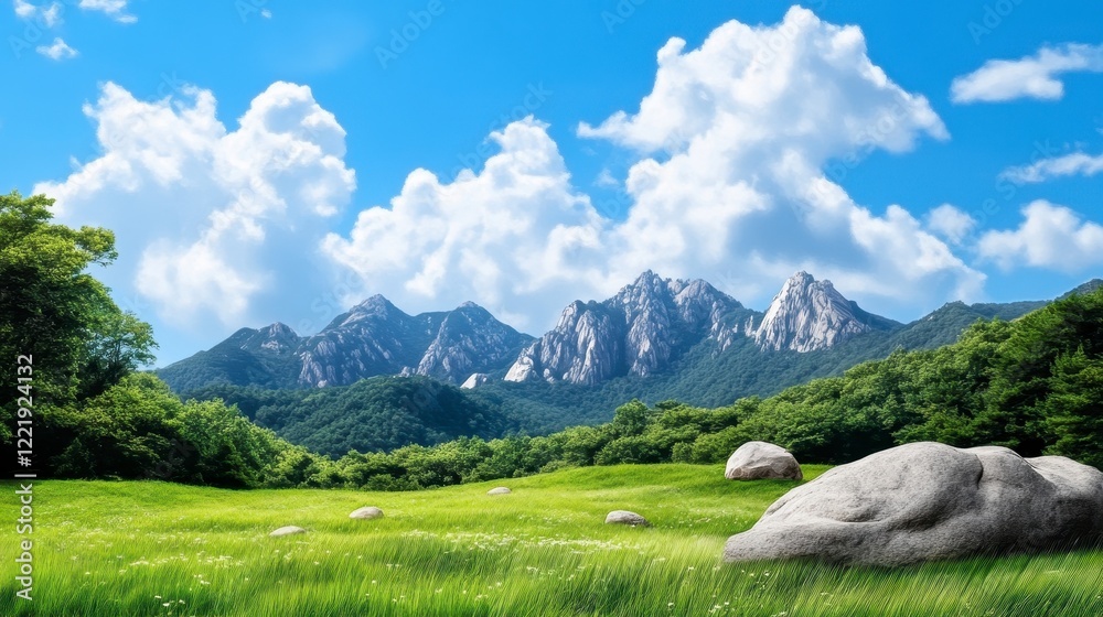 Fototapeta premium Scenic Mountain Landscape with Blue Sky and Green Meadow View