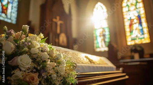 solemn church interior with floweradorned casket soft natural light through stained glass respectful mourning atmosphere photo