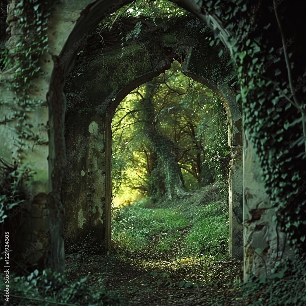 Obraz premium Overgrown stone archway leading to a lush forest path.