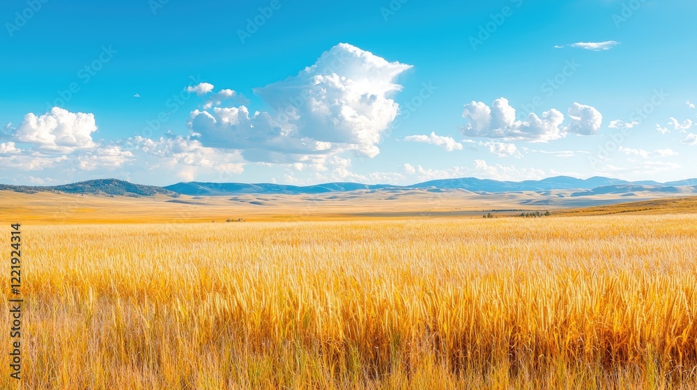 Obraz premium Golden wheat field stretches towards distant hills under a bright blue sky with white clouds during daytime.