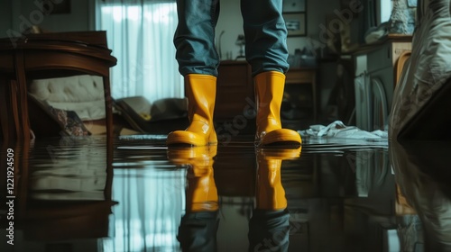 somber man in yellow rainboots reflecting in flood waters moody lighting abandoned furniture emotional documentary style photo