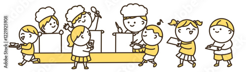 給食の時間の子供達のシンプルイラスト　カラー