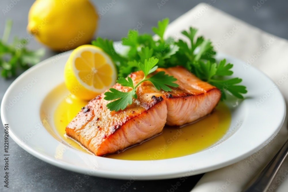 Pan-seared salmon fillet with lemon butter and parsley, side dish, parsley, white tablecloth Pan-seared salmon fillet with lemon butter and parsley, side dish, parsley, white tablecloth