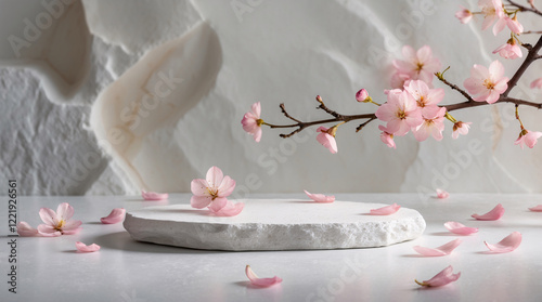 Serene and tranquil spa banner featuring sakura flowers white marble stone and nature themed visuals for beauty products Realistic 3D Podium for Mockup