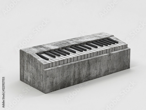 3D rendering solid concrete keyboard sculpture,industrial aesthetics musical contemporary art,modern interior,innovative design,keys,input,stone,home,edgy,block,raw,bold,trendy,decor,piano,studio, photo