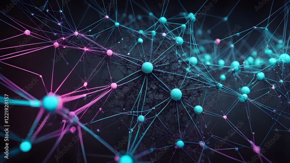 Abstract network visualization with glowing nodes and connecting lines in teal and pink, ideal for technology, science, and connectivity concepts. Abstract network visualization with glowing nodes and connecting lines in teal and pink, ideal for technology, science, and connectivity concepts.