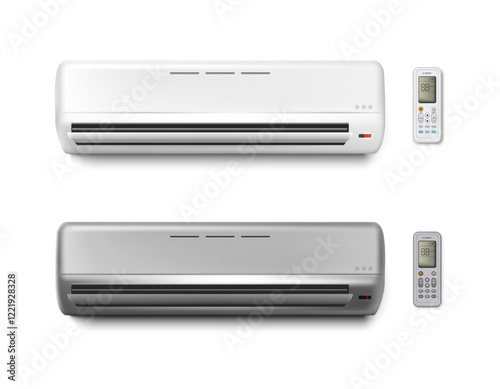 3d realistic vector icon illustration. Air conditioner with remote control. Isolated on white background.