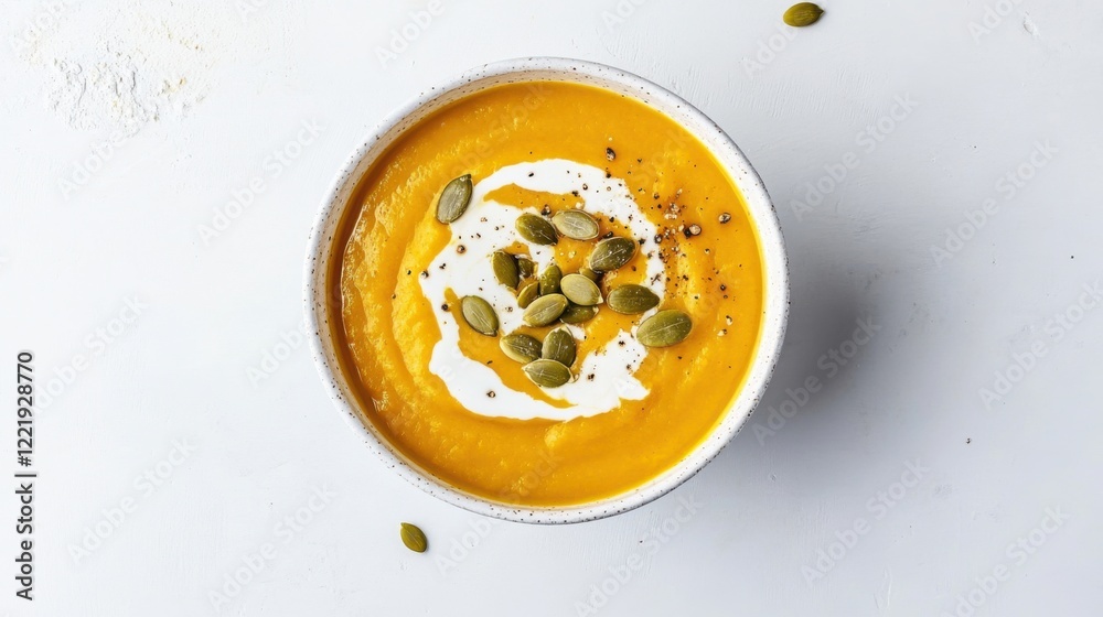 A bowl of creamy butternut squash soup with a swirl of cream and a sprinkle of pumpkin seeds, Centered in a minimalist white bowl, Overhead view with soft ambient light A bowl of creamy butternut squash soup with a swirl of cream and a sprinkle of pumpkin seeds, Centered in a minimalist white bowl, Overhead view with soft ambient light