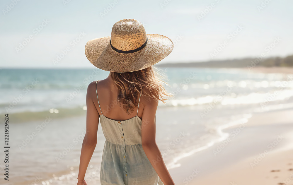 A cheerful person in casual summer clothes, wearing a loose straw hat, walks along the beach. The background is artistically blurred, showing off the sparkling sea water, golden sand. A cheerful person in casual summer clothes, wearing a loose straw hat, walks along the beach. The background is artistically blurred, showing off the sparkling sea water, golden sand.