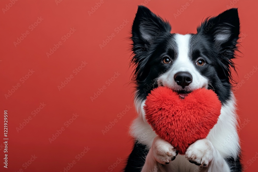 Border collie - my preferred dog. Ad creative. Cute border collie pooch with fluffy red heart - sign of love, funny greeting card. Adorable valentine's day animals. Red heart dog moments. Border collie - my preferred dog. Ad creative. Cute border collie pooch with fluffy red heart - sign of love, funny greeting card. Adorable valentine's day animals. Red heart dog moments.
