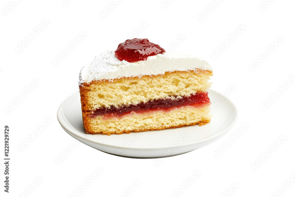 Sponge cake slice with cream and jam in white plate isolated on white or transparent, PNG Sponge cake slice with cream and jam in white plate isolated on white or transparent, PNG