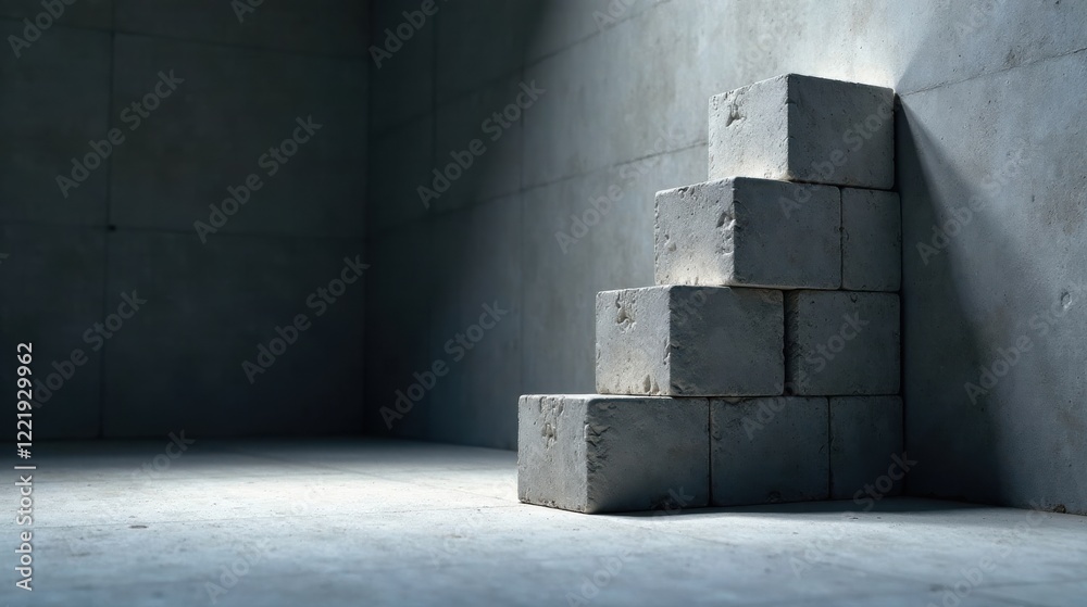 Obraz premium A Minimalist Arrangement of Concrete Blocks Forming an Ascending Structure in a Spacious Room with Subtle Lighting