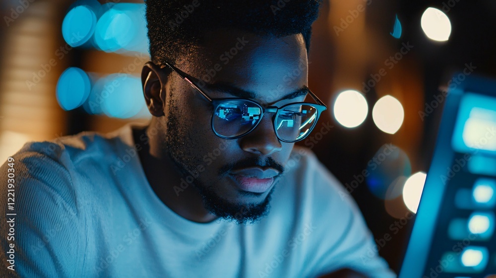 This close-up captures a focused individual immersed in digital commerce, surrounded by technology and success charts, highlighting the significance of online earning in today's work environment. This close-up captures a focused individual immersed in digital commerce, surrounded by technology and success charts, highlighting the significance of online earning in today's work environment.