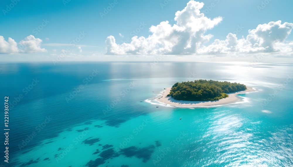 Ultra-realistic aerial view of the open ocean, with a calm, almost mirror-like surface reflecting the sky above. A distant island with lush greenery is visible in the distance, surrounded by turquoise Ultra-realistic aerial view of the open ocean, with a calm, almost mirror-like surface reflecting the sky above. A distant island with lush greenery is visible in the distance, surrounded by turquoise