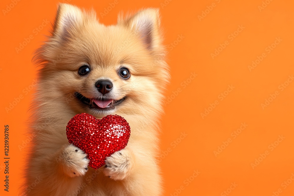 Obraz premium Cute finnish spitz pooch with sparkling rhinestones red heart - sign of love, funny greeting card. Finnish spitz - my beloved dog. Commercial creative. Love and joy with pets. Pet love ideas.