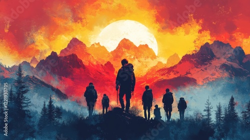 Silhouetted Hikers Ascending Towards a Glowing Sunset in Majestic Mountain Landscape Adventure