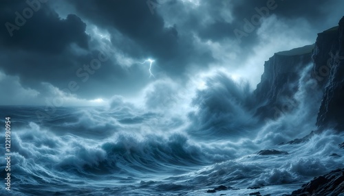 Hyper-realistic shot of a massive stormy ocean with towering waves crashing against sharp cliffs. The sky is dark and filled with ominous clouds, and occasional flashes of lightning illuminate the sce