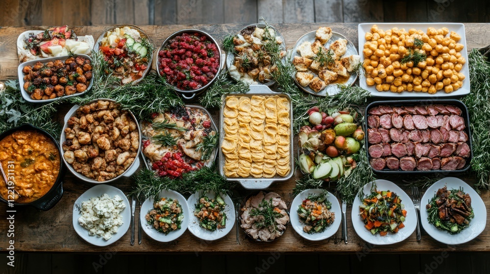 Fototapeta premium A Bountiful Feast: A Table Overflowing with Delicious Dishes