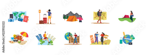 Adventure illustration set. Flat vector illustration.