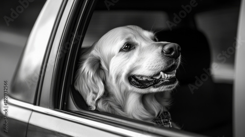 A joyful golden retriever enjoying a car ride with a smile that captures the happiness of pet travel.  AI generative photo