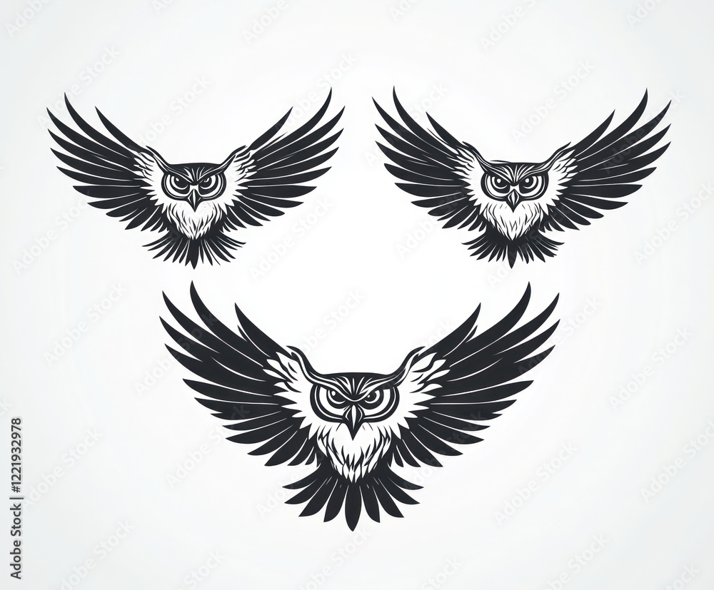 Fototapeta premium Three Majestic Owls In Flight With Wings Spread Wide