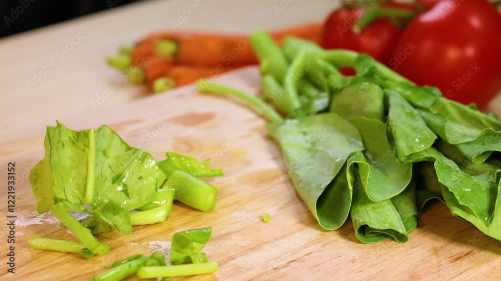 Chopping Chinese Broccoli on Cutting Board Chopping Chinese Broccoli on Cutting Board
