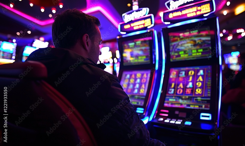 Naklejka premium Man plays slot machine in vibrant casino at night