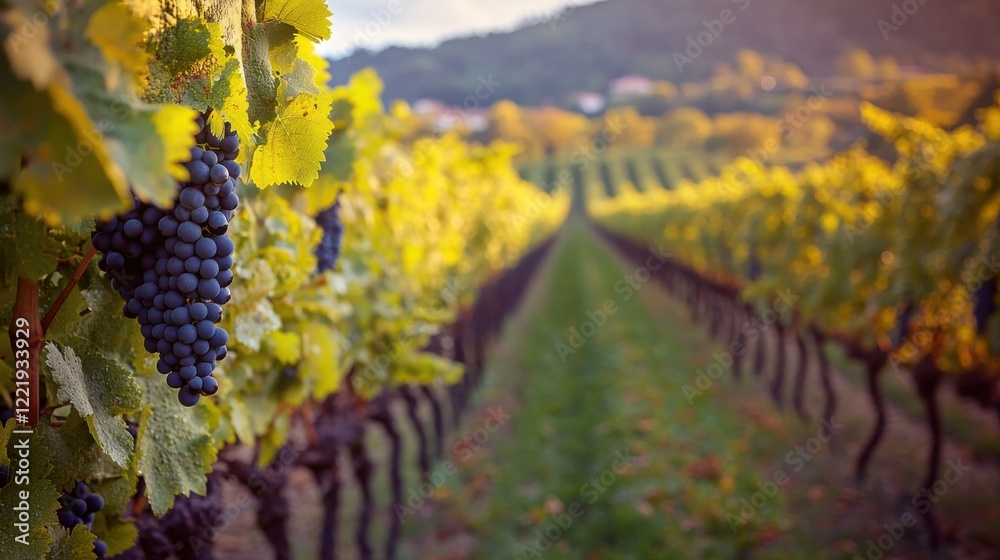 Naklejka premium Picturesque vineyard during harvest season with blurred grapevines
