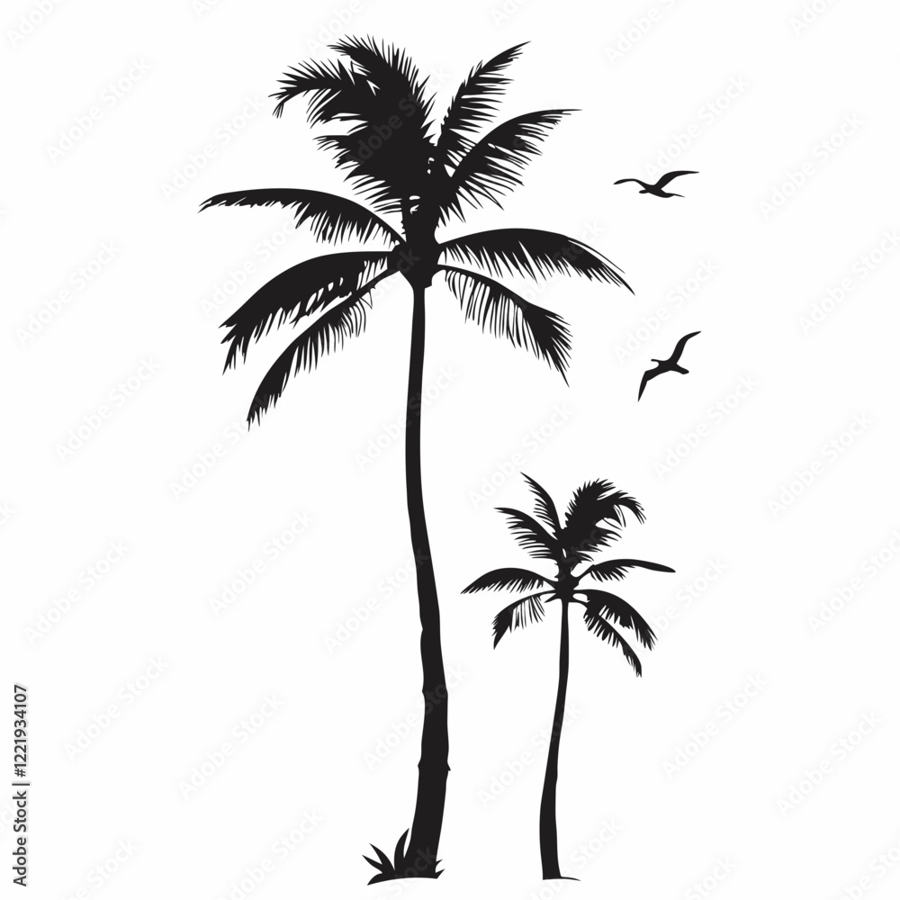 Two palm trees stand tall in the foreground, with a flock of birds flying in the sky above them. The birds are scattered throughout the scene, with some flying closer to the trees Two palm trees stand tall in the foreground, with a flock of birds flying in the sky above them. The birds are scattered throughout the scene, with some flying closer to the trees